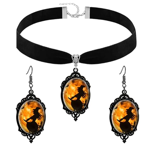 Gothic Mystery Witch Jewelry Set for Women Black Velvet Victorian Choker Necklace Vintage Crystal Glass Cameo Earrings Halloween Fashion Gift - style: Moom