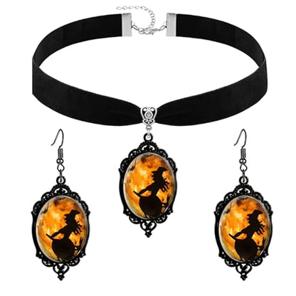 Gothic Mystery Witch Jewelry Set for Women Black Velvet Victorian Choker Necklace Vintage Crystal Glass Cameo Earrings Halloween Fashion Gift - style: Moom