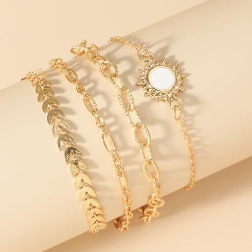 Alegend 14K Gold Plated Stackable Multilayer Bracelets + Titanium Steel(Not Rust, Resist Corruption, Easily Clean) 18K Gold Plated Single Bracelets - color: 14K Gold + 4PCS F
