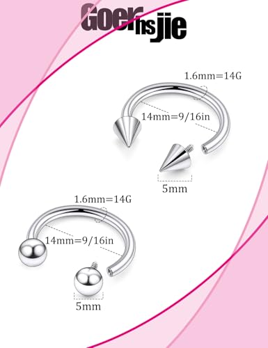 ASTM F136 Titanium 20/18/16/14/12/8/6/4/2g Internally Threaded Horseshoe Nose Septum Ring Gauge Earrings Lip Rings Prince Albert Jewelry Hoop Piercings for Women Men - size: 14g*14mm