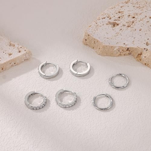 micuco 3 Pairs Small Gold Hoop Huggie Earrings Set for Women Men Tendy | 14K Gold Plated Small Huggie Hoop Earrings for Men, Tiny Cartilage Hypoallergenic Earring Set - style: R# 3 Pairs Silver 10-10-10mm