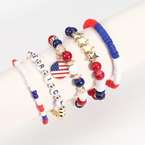 Ardorchid Halloween Bracelets for Women Pumpkin Ghost Steleton Bat Skull Beaded Stackable Stretchy Bracelet Rugby Thanksgiving Christmas Heishi Bracelets - color: USA Flag Bracelets-C