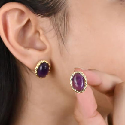 Gempires Bold Oval Gemstone Stud Earrings for Women – Natural Healing Stone Jewelry 14K Gold-Plated Hypoallergenic Tarnish-Resistant – Bold Statement Studs Gift for Her - style: Amethyst