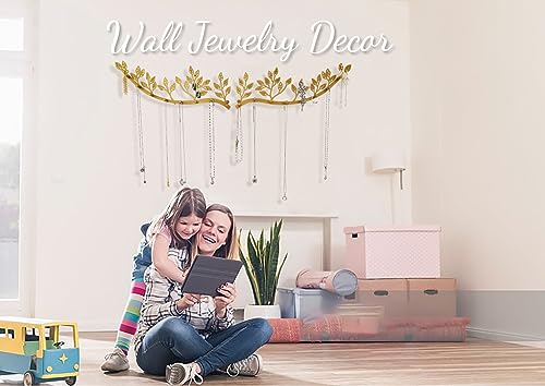 Wall Mounted Jewelry Necklace Holder Organizer with 8 Hooks and 43 Holes, Neatly Hanging Earring, Bracelet, and Keys - Rustic Gold Metal Tree Leaf Branch Wall Décor