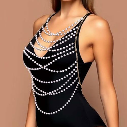 Zoestar Pearl Body Chain Layered Bikini Chest Chains Summer Beach Bra Accessories for Women