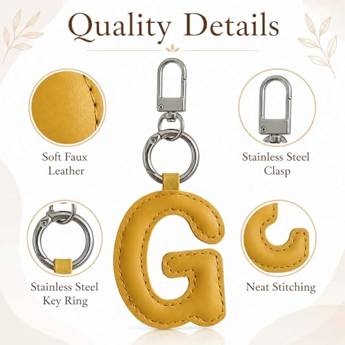 Initial Letter Keychain,Stainless Steel,Colorful Faux Leather Keyring for Backpack,Purse,Car Keys,Gift for Men Women - color: G