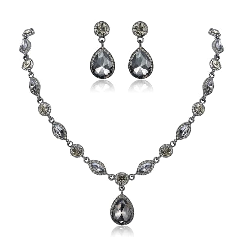 EleQueen Women's Teardrop Necklace Earrings Jewellery Set for Party Prom | Wedding Bridal Costume Jewelry Set for Brides Bridesmaids, Crystal Teardrop Necklace Dangle Earrings - color: Gray Color Black-Tone