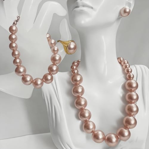 4 PCS Elegant Pearl Set Elegant Pearl Jewelry with Earrings, Pearl Choker Necklace, Bracelet and Ring, Bridal Jewelry Set for Wedding - color: Champagne