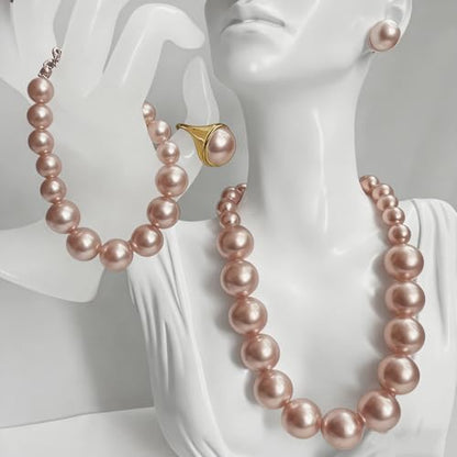 4 PCS Elegant Pearl Set Elegant Pearl Jewelry with Earrings, Pearl Choker Necklace, Bracelet and Ring, Bridal Jewelry Set for Wedding - color: Champagne