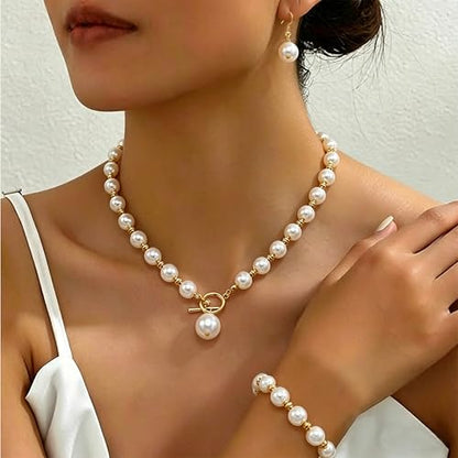 Cryshimmer Pearl Choker Necklace for Women Faux Pearl Beads Strand Necklace Earring Set Costume Jewelry,Gift for Wife Mother - color: Elegant Set