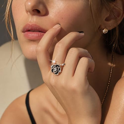 Flower Open Statement Rings for Women, Exquisite Cubic Zirconia Sterling Silver Stacking Ring Adjustable Open Ring,Fashion Jewelry Gifts,Suitable For Women Daily and Wedding Wear, Gifts For Your Wife - color: Black