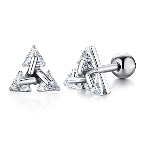 Unisex Geometric Triangle Stud Earrings, Stainless Steel Minimalist Cubic Zirconia Pierced Post Earrings for Men Women - style: Three Zircons-Sliver