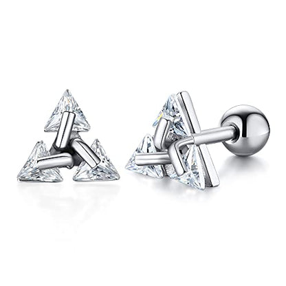 Unisex Geometric Triangle Stud Earrings, Stainless Steel Minimalist Cubic Zirconia Pierced Post Earrings for Men Women - style: Three Zircons-Sliver
