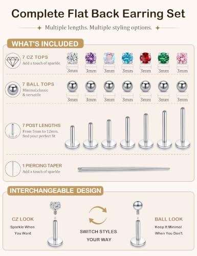 Titanium Flat Back Earrings, 7 Post Length Options, 18G Cartilage Earrings for Sensitive Ears Women Men, Internally Threaded Stud Earrings with CZ & Ball Tops, Helix Tragus Conch Piercing Jewelry
