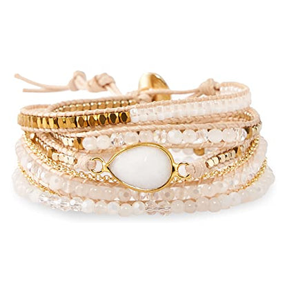 Bracelet for Women – Handmade Vegan Boho Natural Stone Layered Bracelet, Thailand Bohemian Stackable Beaded Wrap Bracelets, Summer Hippie Bracelet Stack, Fashion Jewelry Gifts - color: A1-Off White