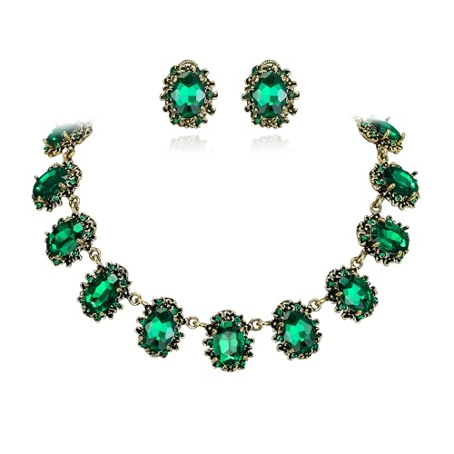 BriLove Victorian Style Statement Necklace Pierced Earrings Jewelry Set for Women Crystal Floral Cameo Inspired Oval Jewellery for Party Prom - color: Emerald Color Antique-Gold-Plated-Base
