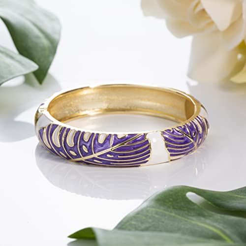 Hawaiian Monstera Luau Leaves Hinged Clasp Fashion Enamel Bangle Bracelet - color: Amethyst Purple