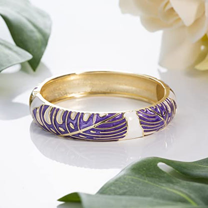 Hawaiian Monstera Luau Leaves Hinged Clasp Fashion Enamel Bangle Bracelet - color: Amethyst Purple