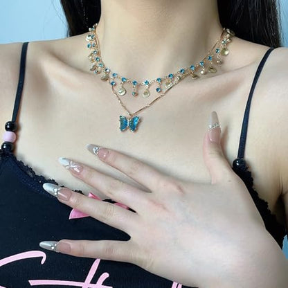 Necklace Bohemian Beach Jewelry Layered Chain Summer Accessories, Crystal Butterfly Necklace Y2K Fashion Jewelry Double Layered Trendy