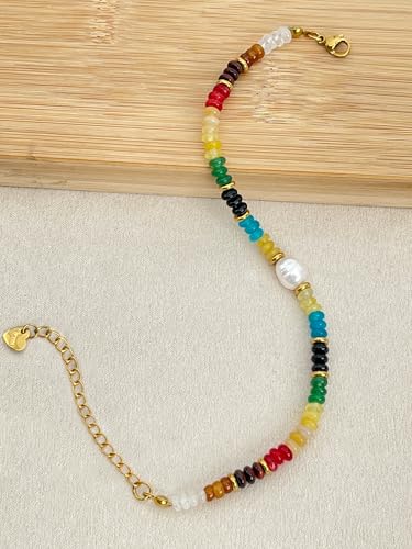Gemstone Beaded Bracelets with Freshwater Pearl | Crystal Beaded Bracelet Boho Natural Stone Trendy Jewelry Gifts - color: Multi