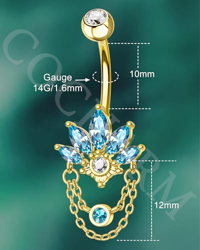 COCHARM 14G Lotus Belly Button Rings Dangle Belly Navel Rings for Women Surgical Steel Navel Piercing jewelry - color: YGBL-10MM