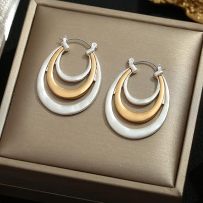 Antique Gold Hammered Disc Drop Earrings Boho Earrings with Two Tone Jewelry Gift - color: EH22698A
