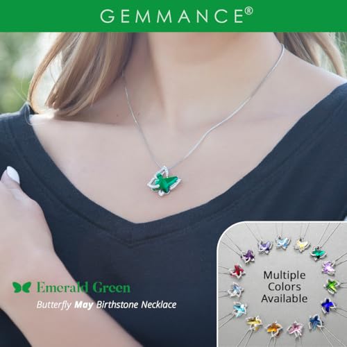 Butterfly Necklace, Birthstone Crystal, for Women, Silver Tone Pendant Jewelry, Anniversary Birthday Gift for Her, Wife & Mom, 18"+2" - color: 05-May Birthstone - Emerald Green Crystal