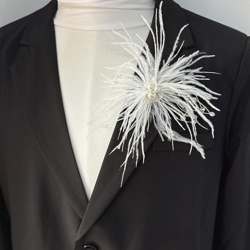Elegant Feather Flower Pearl Cz Large Brooch Pin for Women Men Rhinestone Crystal Floral Lapel Pins Wedding Party Banquet Dress Suit Clothes Accessories Fashion Jewelry 180mm - color: White