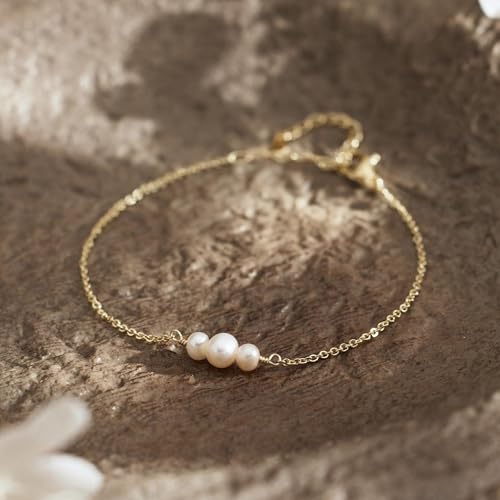 SLOONG 14K Gold Plated Pearl Bracelets for Women Trendy | Dainty Stackable Layered Chain Bridesmaid Bracelets, Waterproof Wedding Jewelry for Women Adjustable 6"+2" - color: Style4(Pearl)
