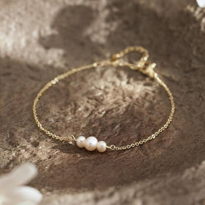 SLOONG 14K Gold Plated Pearl Bracelets for Women Trendy | Dainty Stackable Layered Chain Bridesmaid Bracelets, Waterproof Wedding Jewelry for Women Adjustable 6"+2" - color: Style4(Pearl)