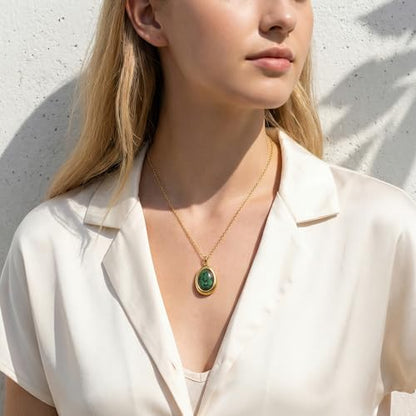 Colorful Natural Stone Necklaces for Women Trendy 14K Gold Plated Oval Gemstone Pendant Statement Necklace Jewelry Gifts for Women - color: Green