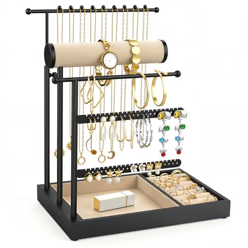Emibele Necklace Holder Jewelry Organizer Stand, 5 Tier Jewelry Holder | Jewelry Organizers and Storage, Bracelet Earring Holder, Metal Frame Velvet Tray, Elegant Jewelry Stand Tower Gift for Women - color: Black