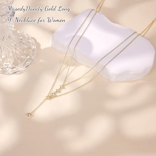 Long Gold Necklace for Women Dainty Layered Lariat Necklace | 14k Gold Plated Clover Teardrop CZ Y Shaped Drop Necklaces Cute Long Necklace for Women Trendy Prom Formal Womens Jewelry - color: Round CZ y necklace