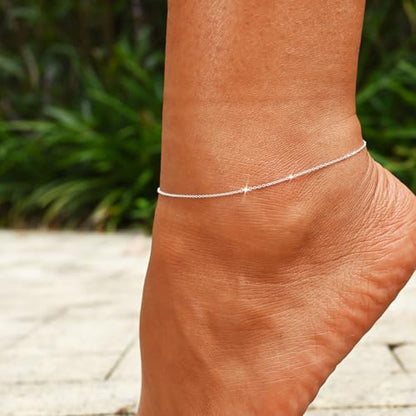 Ankle Bracelets for Women 14K Gold Plated Anklet Silver Anklets Waterproof Evil Eye Beaded Pearl Tennis Crystal Heart Cuba Link Chain Anklets Dainty Jewelry Gift for Her - color: Thin Silver Chain