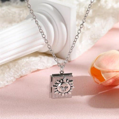 Photo Book Locket Necklace for Women Charm Choker Pendants that Holds Pictures Memorial Jewelry - color: Sun Pattern