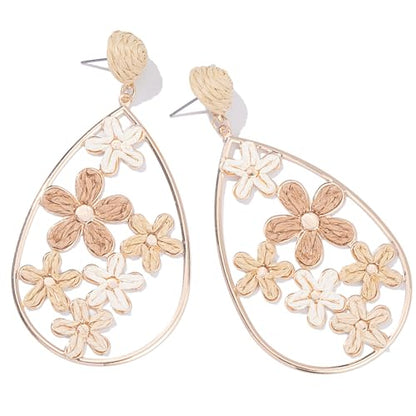 Boho Raffia Flower Teardrop Earrings Cute Colorful Dangle Trendy Jewelry | Floral Drop Statement Big Dangling Earring Hypoallergenic Gold Fun Unique Summer Spring Beach Vacation Outfits for Women - color: Nature