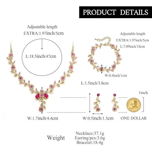 Women's Wedding Jewelry Set for Bride,Prom Bridal Accessories | Bling Crystal,Flower Leaf Cluster,Dangle Earrings Pendant Necklace Set,for Bridesmaid,Party Jewellery - color: 3Pcs-Pink Gold-Plated-Base
