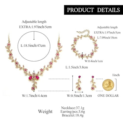 Women's Wedding Jewelry Set for Bride,Prom Bridal Accessories | Bling Crystal,Flower Leaf Cluster,Dangle Earrings Pendant Necklace Set,for Bridesmaid,Party Jewellery - color: 3Pcs-Pink Gold-Plated-Base