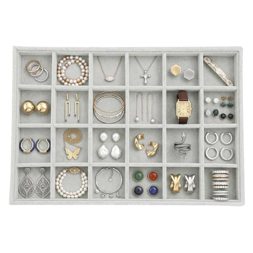 Stratalife 24 Grid Velvet Jewelry Organizer Tray, 13.8" x 9.4" x 1.2" | Stackable Drawer Earring Organizer with Adjustable Dividers, Jewelry Display Tray for Necklace Earring Ring Bracelet, Gray - color: Grey, size: 24