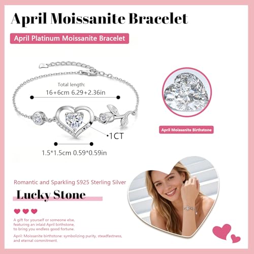 1CT Rose Heart Birthstone Bracelet for Women Love Gift - style: 04-April Moissanite Silver