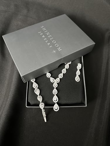 Bride Jewelry Set Silver Crystal Wedding Necklace Earrings Bracelet Set - Bridal Rhinestone Brass Pendant Accessories for Women and Bridesmaids - style: Jewelry Set 04