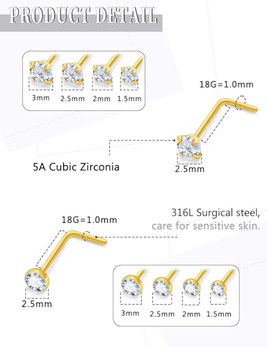18G 20G 22G Round Cubic Zirconia Nose Rings Studs for Women Men 316L Stainless Surgical Steel Nose Ring Stud Piercing Jewelry Silver Gold Clear CZ 1.5mm 2mm 2.5mm 3mm - style: 18G L Shaped Gold