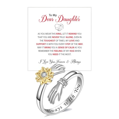 To My Daughter Hug Ring For Hope Rings, Inspirational Stainless Steel Engarved With Always With You Message Adjustable Ring for Women Non Tarnish Jewelry Gift for Her Birthday Christmas - color: Always with you-Sunflower