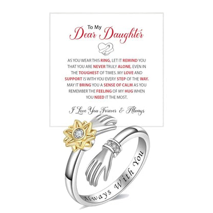 To My Daughter Hug Ring For Hope Rings, Inspirational Stainless Steel Engarved With Always With You Message Adjustable Ring for Women Non Tarnish Jewelry Gift for Her Birthday Christmas - color: Always with you-Sunflower