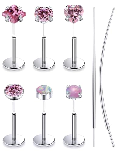 F136 Titanium 20/18/16g Internally Threaded Medusa Monroe Lip Ashley Labret Nose Rings Flat Back Tragus Helix Cartilage Conch Screw Stud Earrings Surgical Steel Piercing Jewelry for Women - color: Pink CZ, size: 20g*1/4in