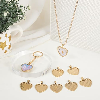 1 Box 10Pcs Gold Heart Bezel Pendant Trays Heart Shaped Bezel Cabochon Trays Bulk Stylish Stainless Steel Cabochon Blanks for DIY Crafts Jewelry Making Bracelet Keychain Charm Adults - style: Gold Heart