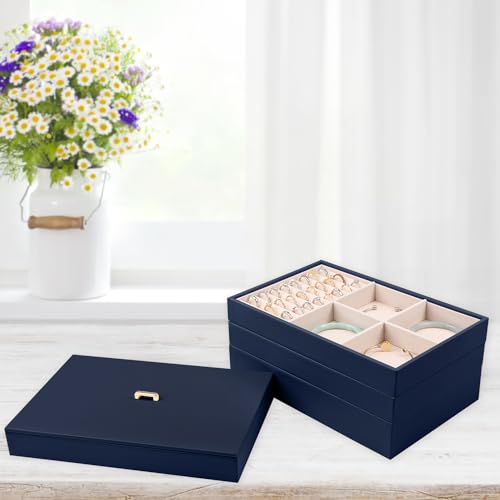 Voova Stackable Jewelry Organizer Tray with Lid (Set of 4, Dark Blue) | Stackable PU leather jewelry trays with drawer inserts for earrings, rings, necklaces, bracelets and watches; set of 4 - color: Navy Blue