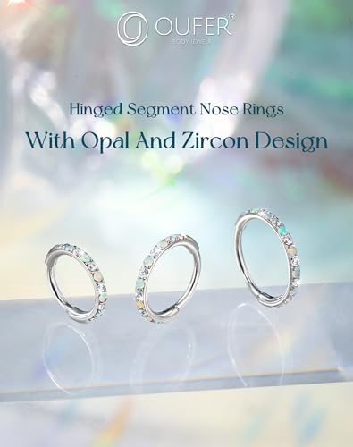 OUFER Opal and CZ 20G Nose Rings Hoops, 316L Surgical Steel Hinged Segment Nose Piercing Jewelry, Septum Lip Eyebrow Rings Cartilage Conch Rook Helix Tragus Daith Earrings For Women and Men-6/7/8MM - color: Silver