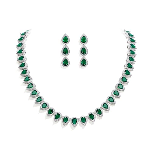 EleQueen Women's Silver-Tone Full Prong Cubic Zirconia Teardrop Bridal Necklace Earrings Set - color: 04-Emerald Color