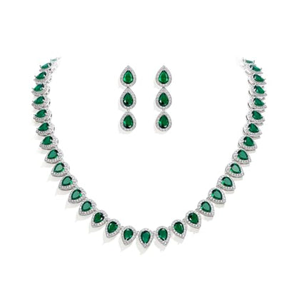 EleQueen Women's Silver-Tone Full Prong Cubic Zirconia Teardrop Bridal Necklace Earrings Set - color: 04-Emerald Color